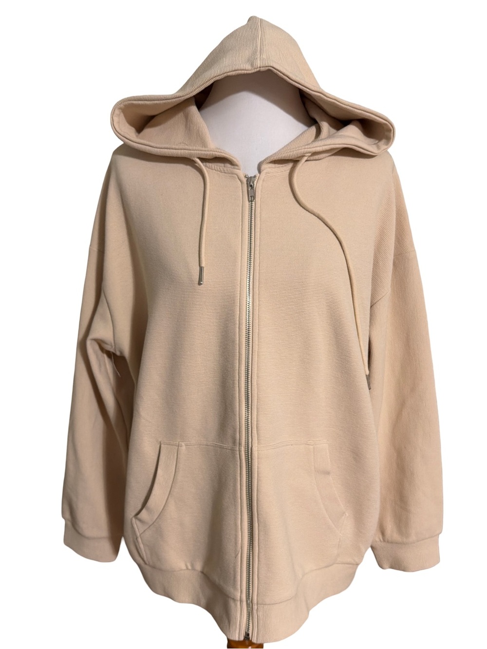 Anrabess Beige Hooded Zip Jacket Oversized